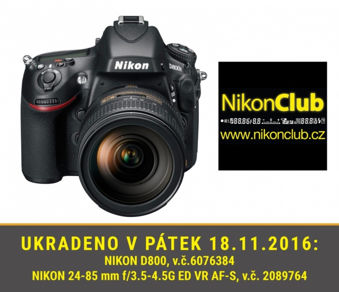 Nikon D800 ukradená fotovýbava