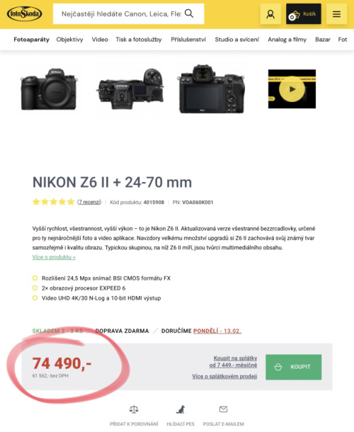 Srovnání cen NIkon Z6II 24-70 v Německu a Česku